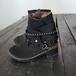 Happy Soda Black Boots Chain Flowers Toddler Girl 6 Velvet Mid-Calf Ankle